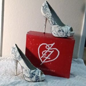 White heels with tattoo flash art design heels